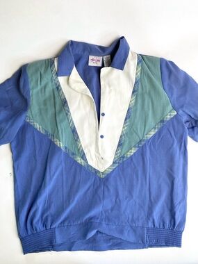 TanJay Blue, Teal & White Short Sleeve V-Panel Button Top